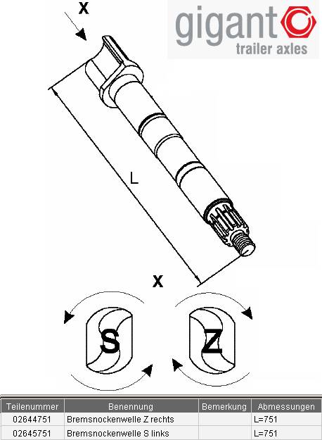 Вал тормозной левый (S) L=751