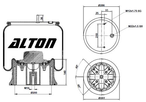 Пневморессора SAF / 2919V--Wielton / с-ст П h=140 / ALTON A1.02919.PP